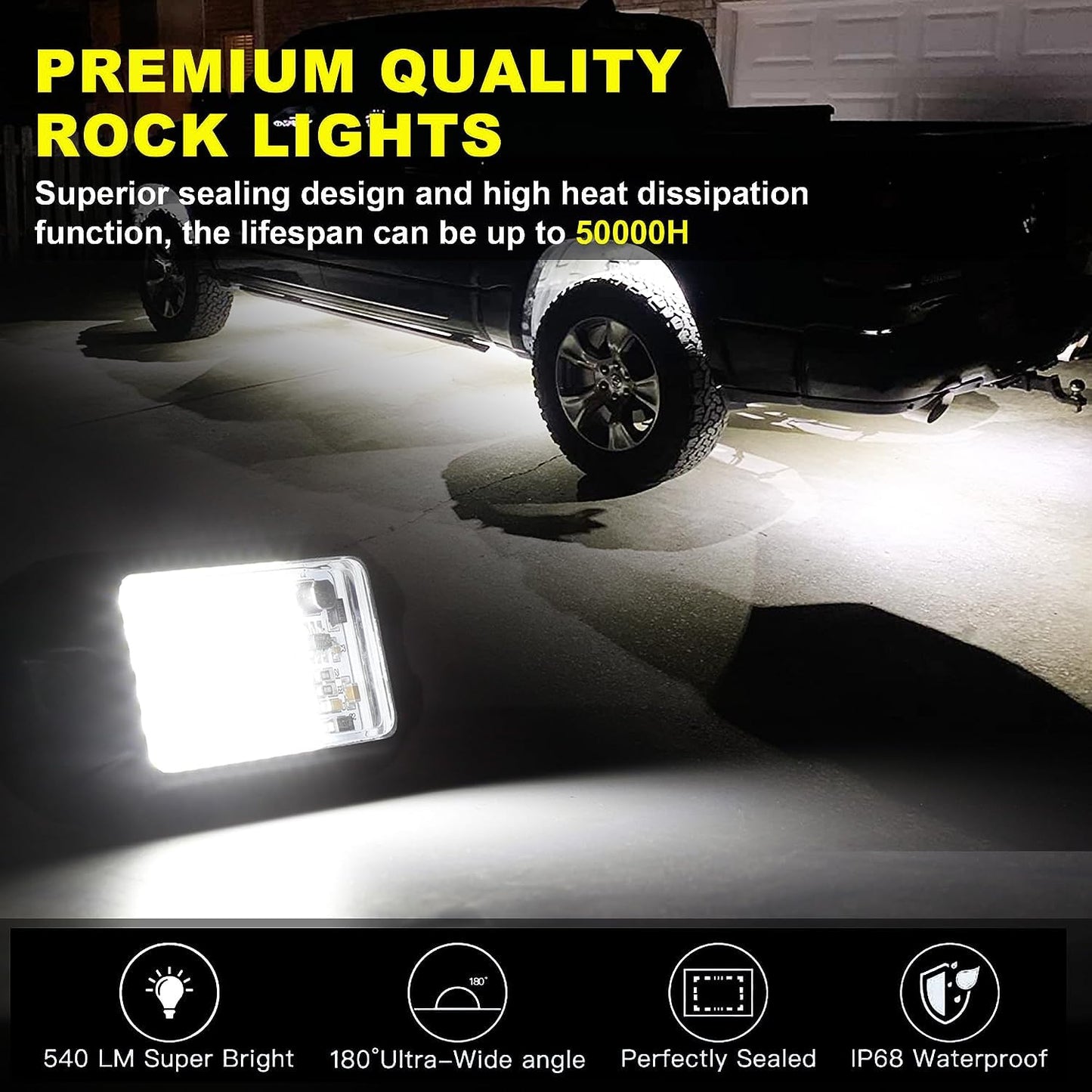 Nicoko 4Pods Pure White 72W High Power Rock Lights - Super Bright LED Underglow for Offroad Vehicles