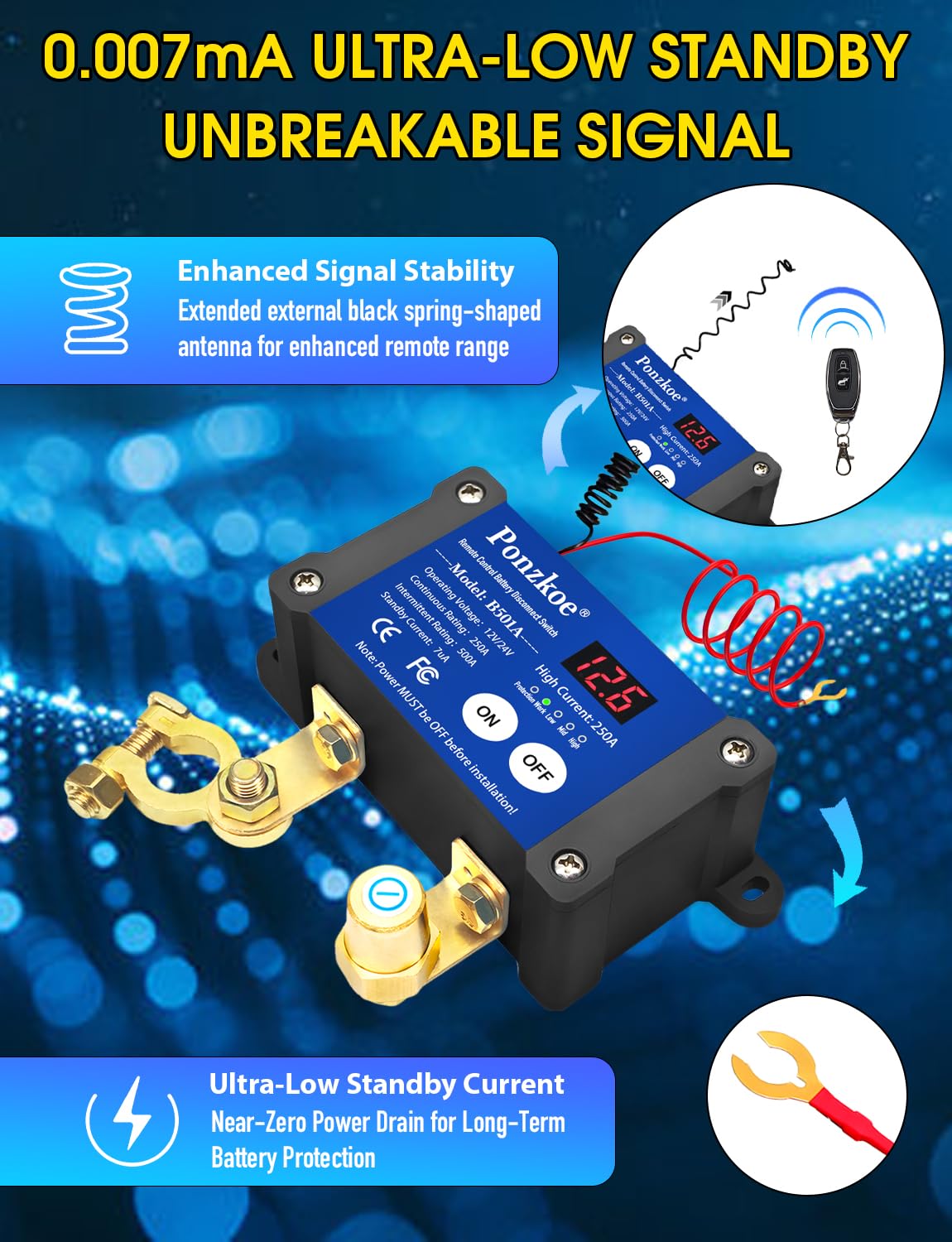 250A Smart Remote Battery Disconnect Switch - Quick Kill Switch for Cars, Marine, RVs, and More
