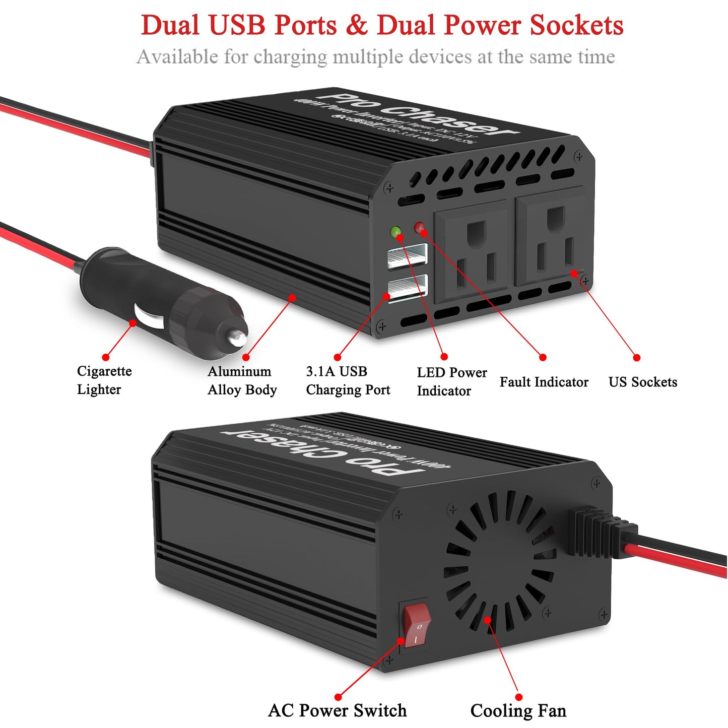 Pro Chaser 400W Car Power Inverter – 12V DC to 110V AC with Dual USB Charging Ports