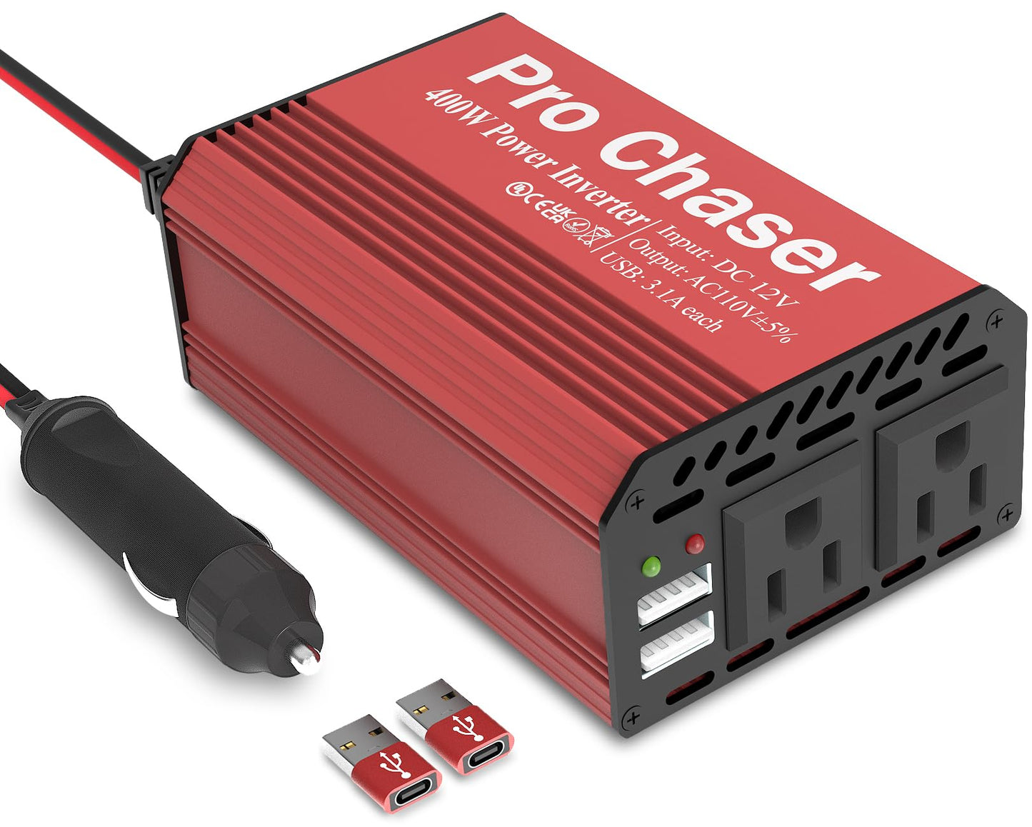 Pro Chaser 400W Car Power Inverter – 12V DC to 110V AC with Dual USB Charging Ports