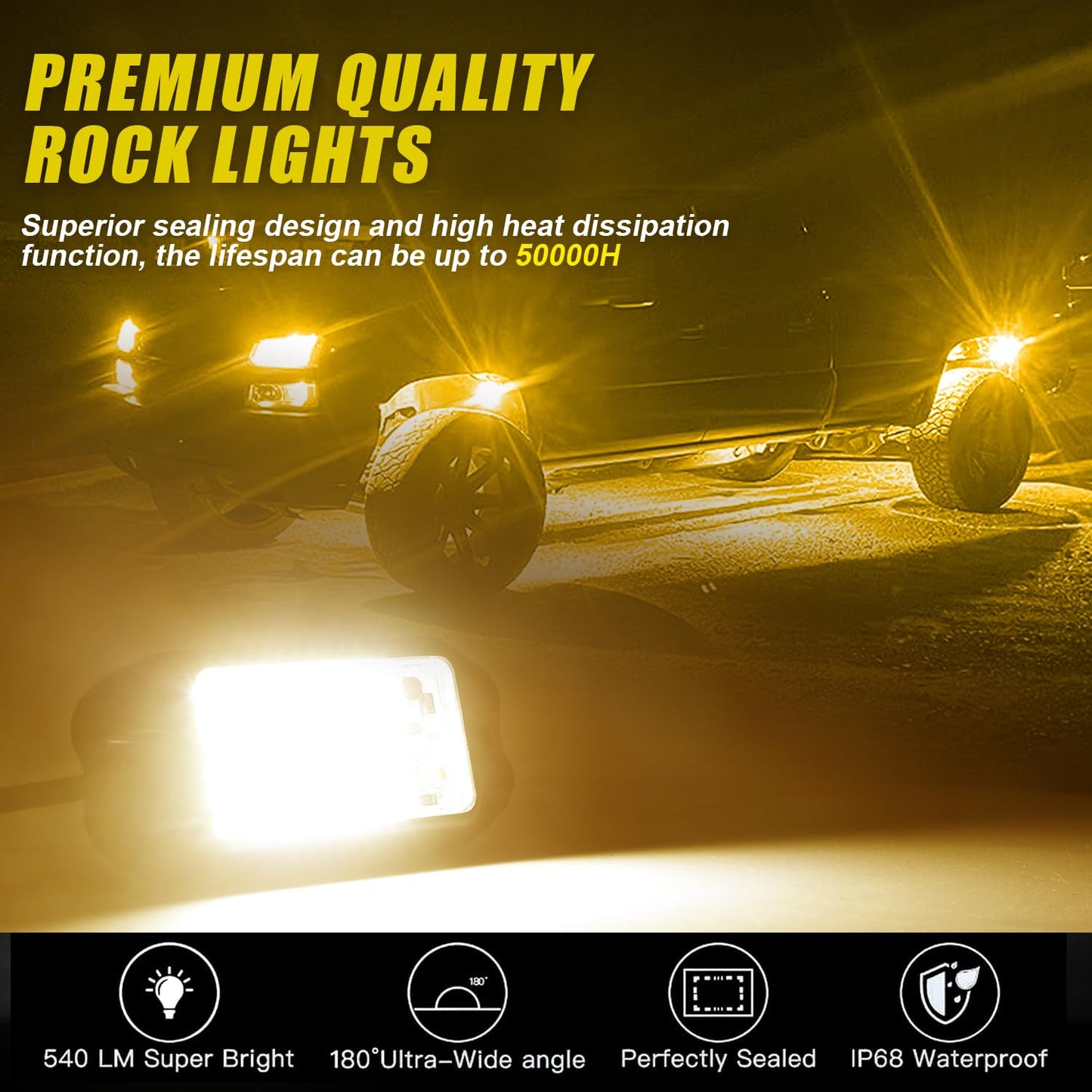 Nicoko 4Pods Pure White 72W High Power Rock Lights - Super Bright LED Underglow for Offroad Vehicles
