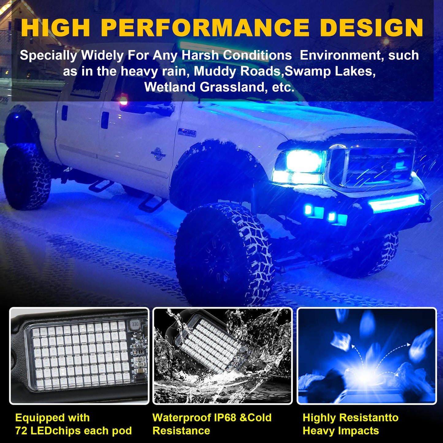 Nicoko 4Pods Pure White 72W High Power Rock Lights - Super Bright LED Underglow for Offroad Vehicles