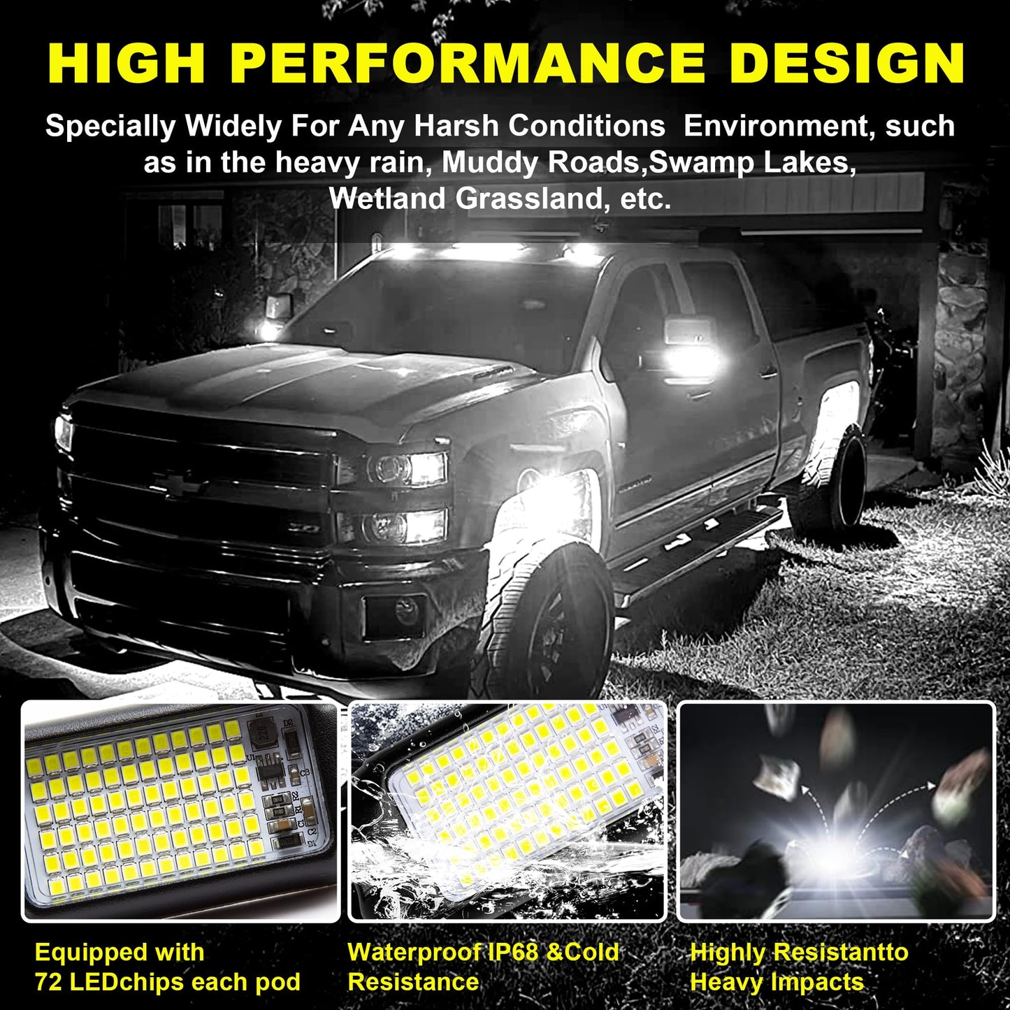 Nicoko 4Pods Pure White 72W High Power Rock Lights - Super Bright LED Underglow for Offroad Vehicles