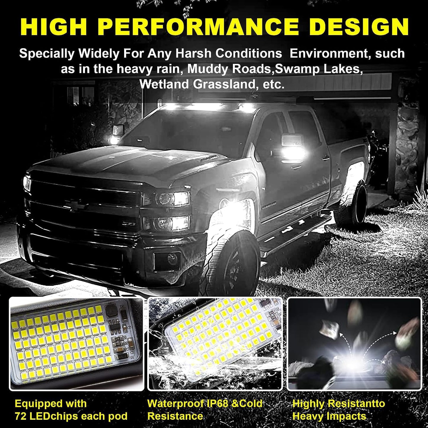 Nicoko 4Pods Pure White 72W High Power Rock Lights - Super Bright LED Underglow for Offroad Vehicles