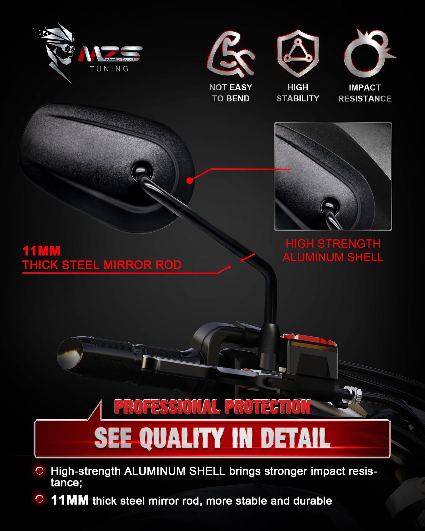 MZS Black Motorcycle Mirrors 10MM - Heavy Duty Aluminum Universal Rear View Side Mirror