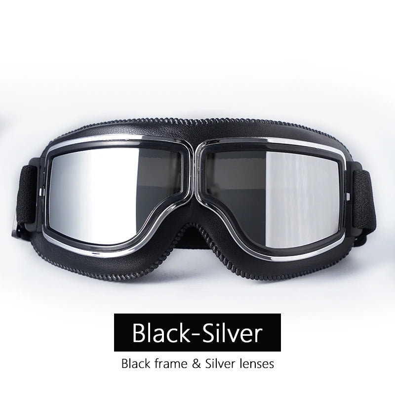 Universal Motorcycle Vintage Goggles Leather Motorbike Scooter Biker Moto Glasses Goggles for Steampunk Helmet Goggles Dustproof Black-Silver