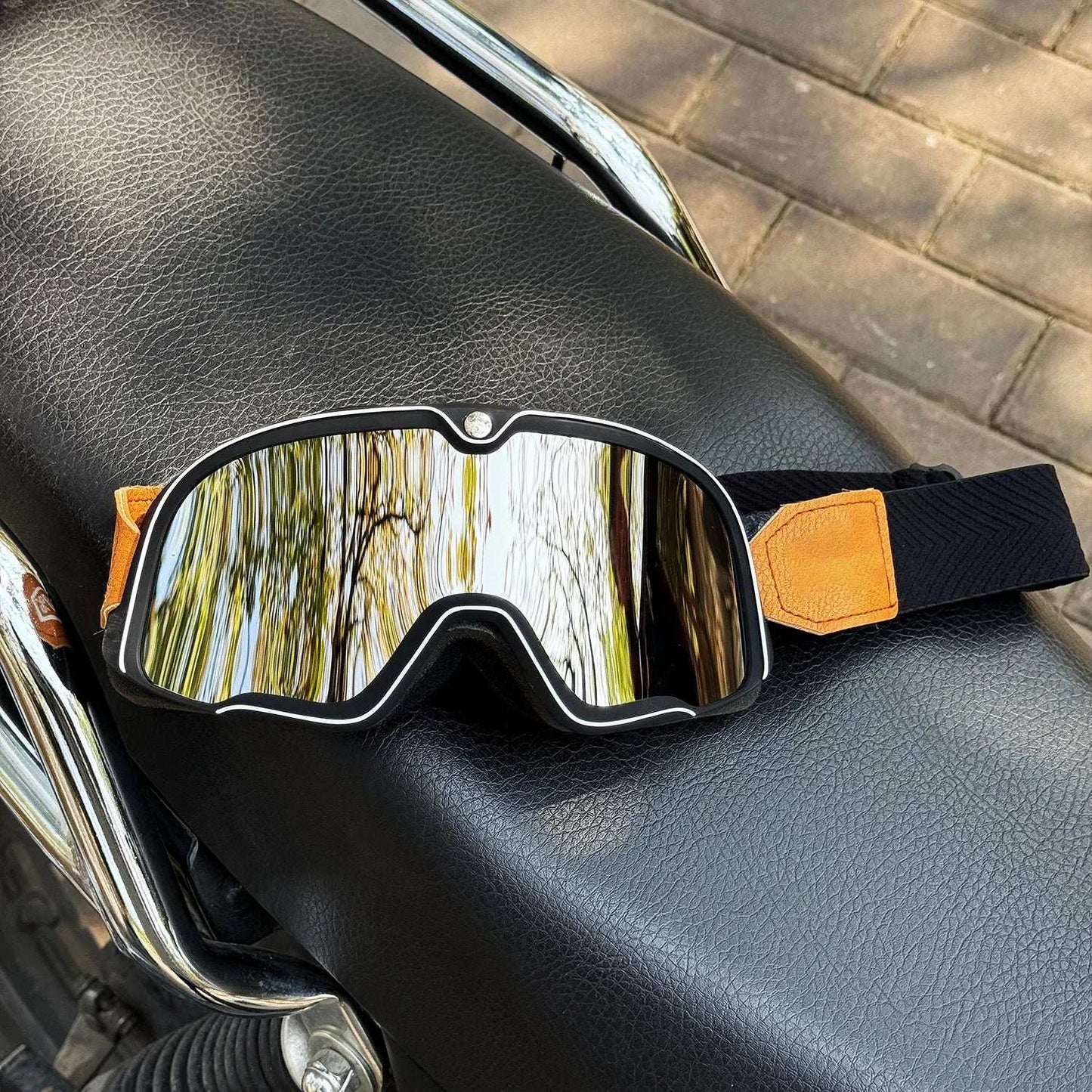 Motorcycle Glasses Windproof Motorcycle Helmet Glasses Sunglasses Retro Universal Leather Retro Motorcycle Accessories OB-Silvery