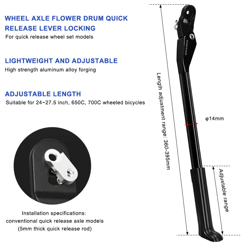 RIDERACE Bicycle Kickstand Adjustable For MTB Mountain Bike Stay Aluminum Alloy Side Rear Parking Rack Road Cycling Kick Stand