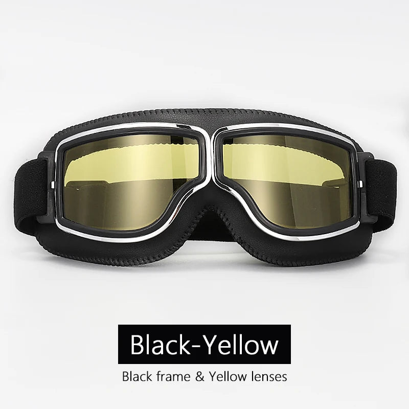 Universal Motorcycle Vintage Goggles Leather Motorbike Scooter Biker Moto Glasses Goggles for Steampunk Helmet Goggles Dustproof Black-Yellow