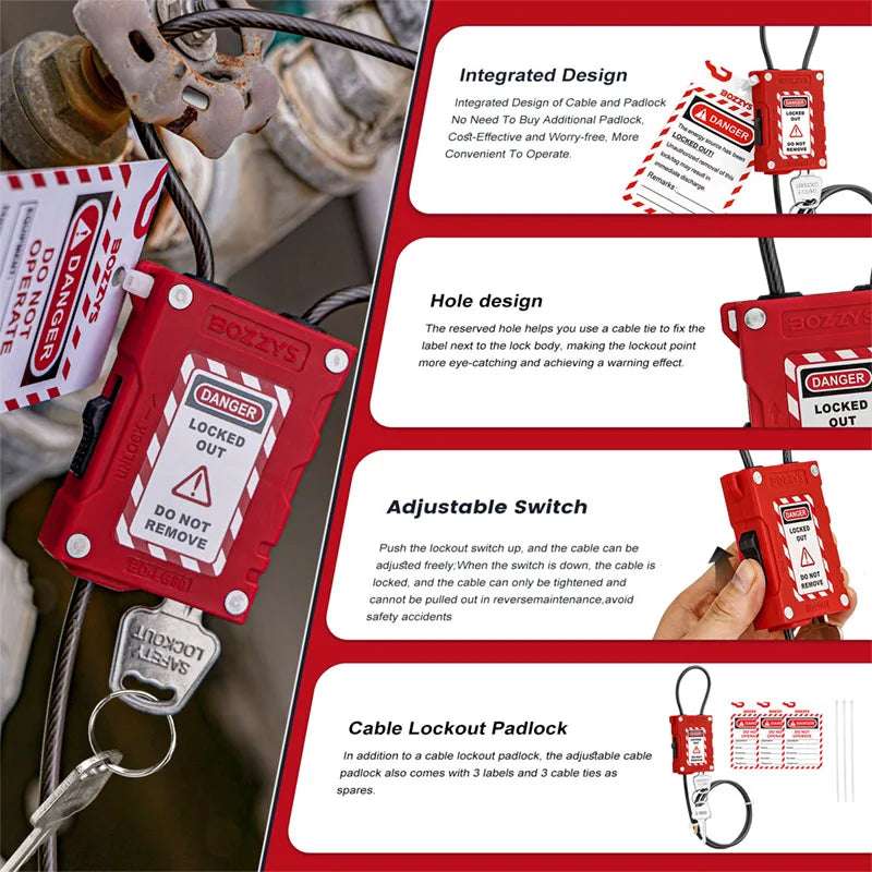 BOZZYS Industrial Adjustable Cable lockout Padlock Safety padlock with 4MM Diameter Cable
