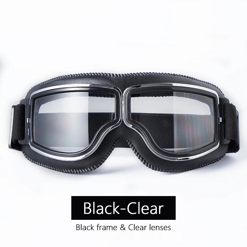 Universal Motorcycle Vintage Goggles Leather Motorbike Scooter Biker Moto Glasses Goggles for Steampunk Helmet Goggles Dustproof Black-Clear