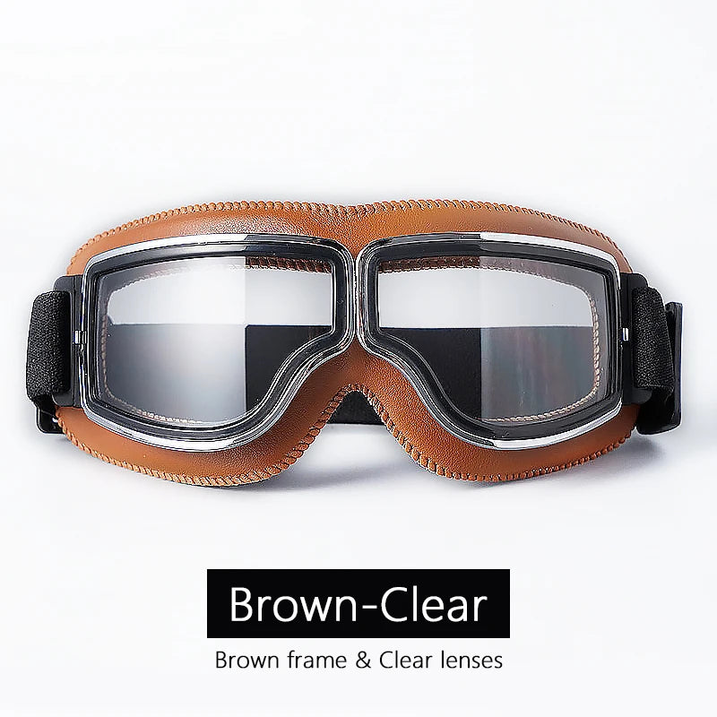 Universal Motorcycle Vintage Goggles Leather Motorbike Scooter Biker Moto Glasses Goggles for Steampunk Helmet Goggles Dustproof Brown-Clear