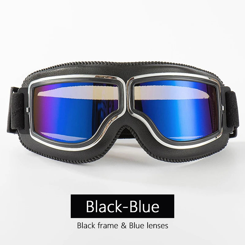 Universal Motorcycle Vintage Goggles Leather Motorbike Scooter Biker Moto Glasses Goggles for Steampunk Helmet Goggles Dustproof Black-Blue