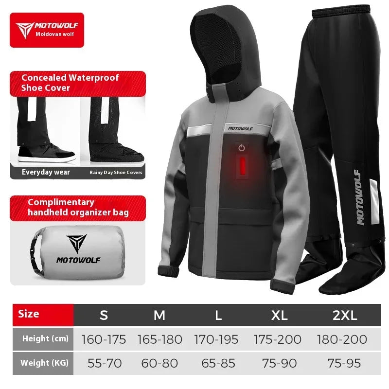 Motowolf Motorcycle Rain Coat Waterproof Motorcyclist Raincoat Men Women Outdoor Biker Rain Suits with LED Waring Light