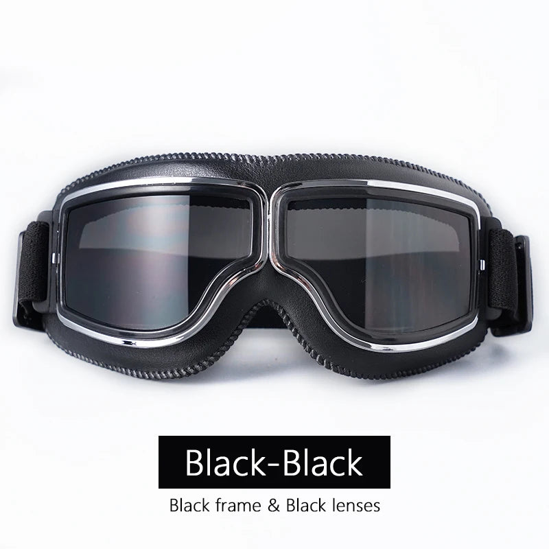 Universal Motorcycle Vintage Goggles Leather Motorbike Scooter Biker Moto Glasses Goggles for Steampunk Helmet Goggles Dustproof Black-Black