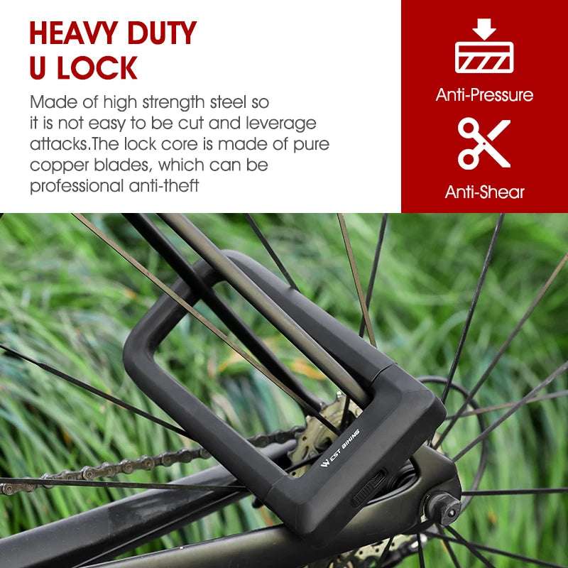 WEST BIKING Bicycle U-lock Thicken Zinc Alloy Anti-theft Safety Lock Motorcycle E-bike Scooter Bike Lock Cycling Accessories