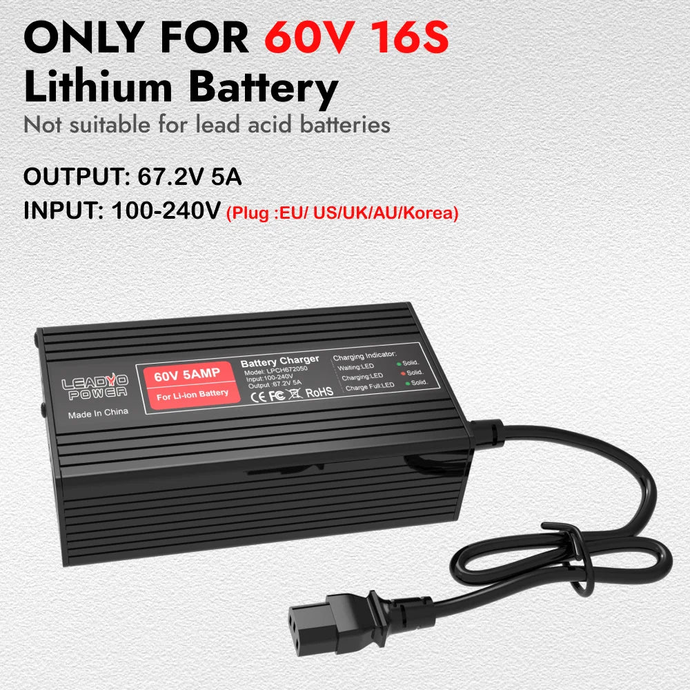 67.2V 5A Battery Charger Lithium for 60V Ebike Electric Motorcycle With IEC Plug Smart Fast charger 16s Aluminum Case