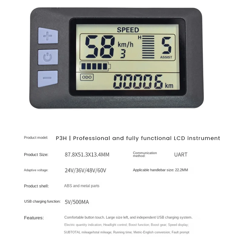 AA90 P3H LCD Display Meter Dashboard 24V 36V 48V 60V Electric Bike Meter Display Panel for Electric Scooter(5PIN)
