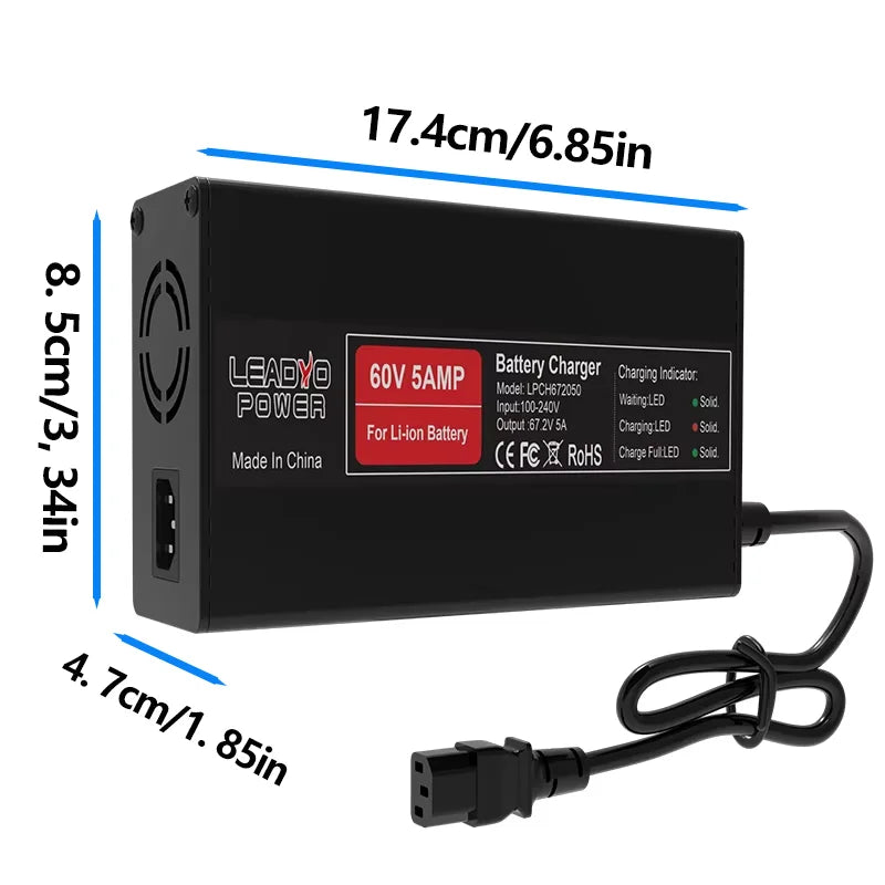 67.2V 5A Battery Charger Lithium for 60V Ebike Electric Motorcycle With IEC Plug Smart Fast charger 16s Aluminum Case