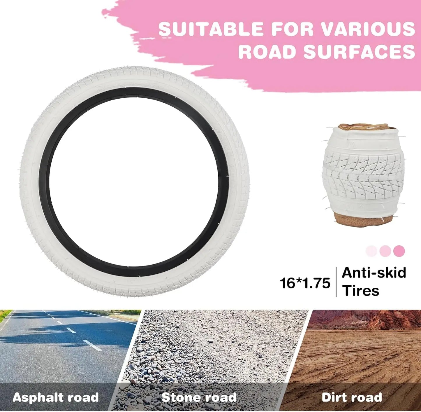 16 Inch 16 x 1.75 White Bicycle Tire,Bike Tyre for 16 Inch MTB, Kid Bike, Child Bicycle Girl Bicycle