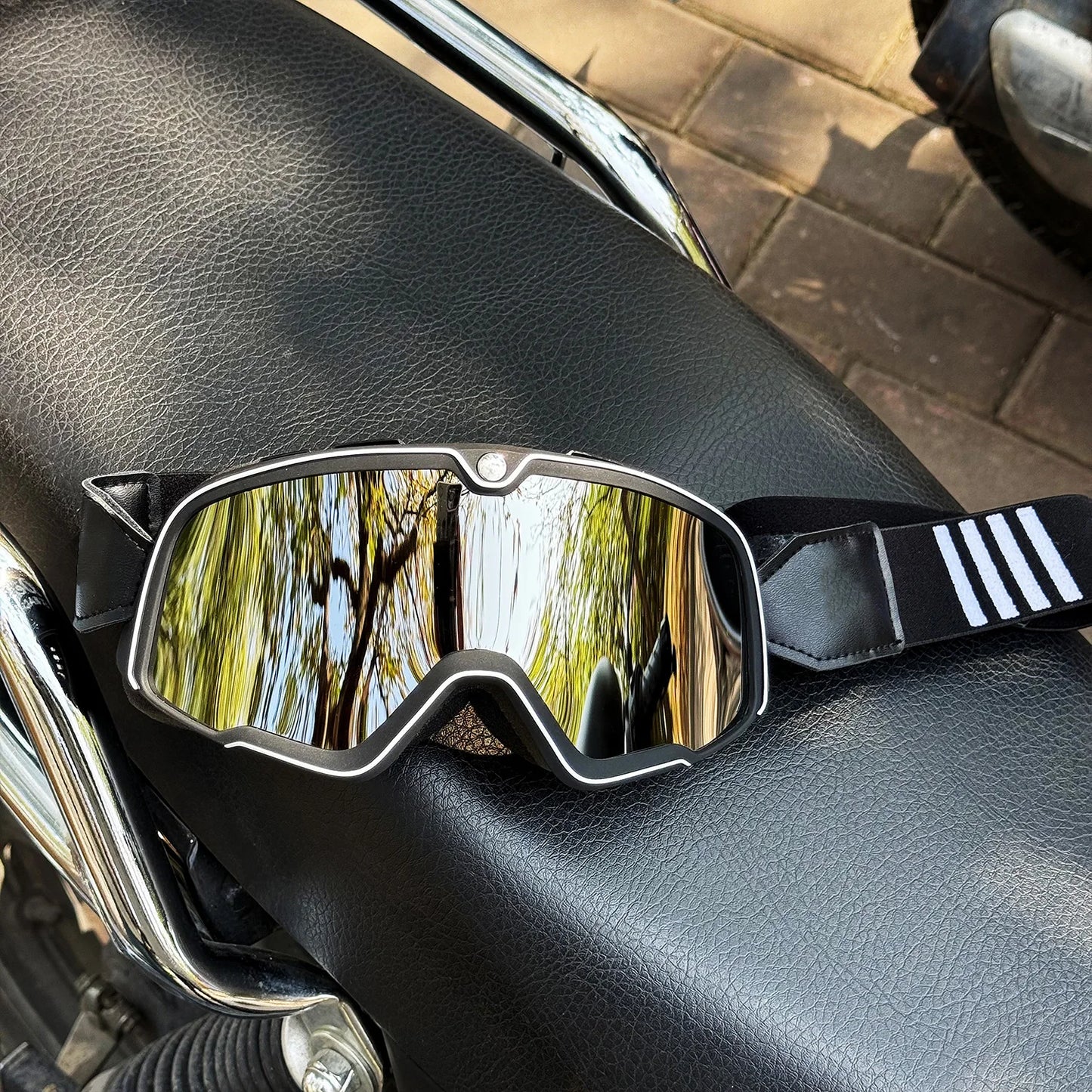 Motorcycle Glasses Windproof Motorcycle Helmet Glasses Sunglasses Retro Universal Leather Retro Motorcycle Accessories BZ-Silvery