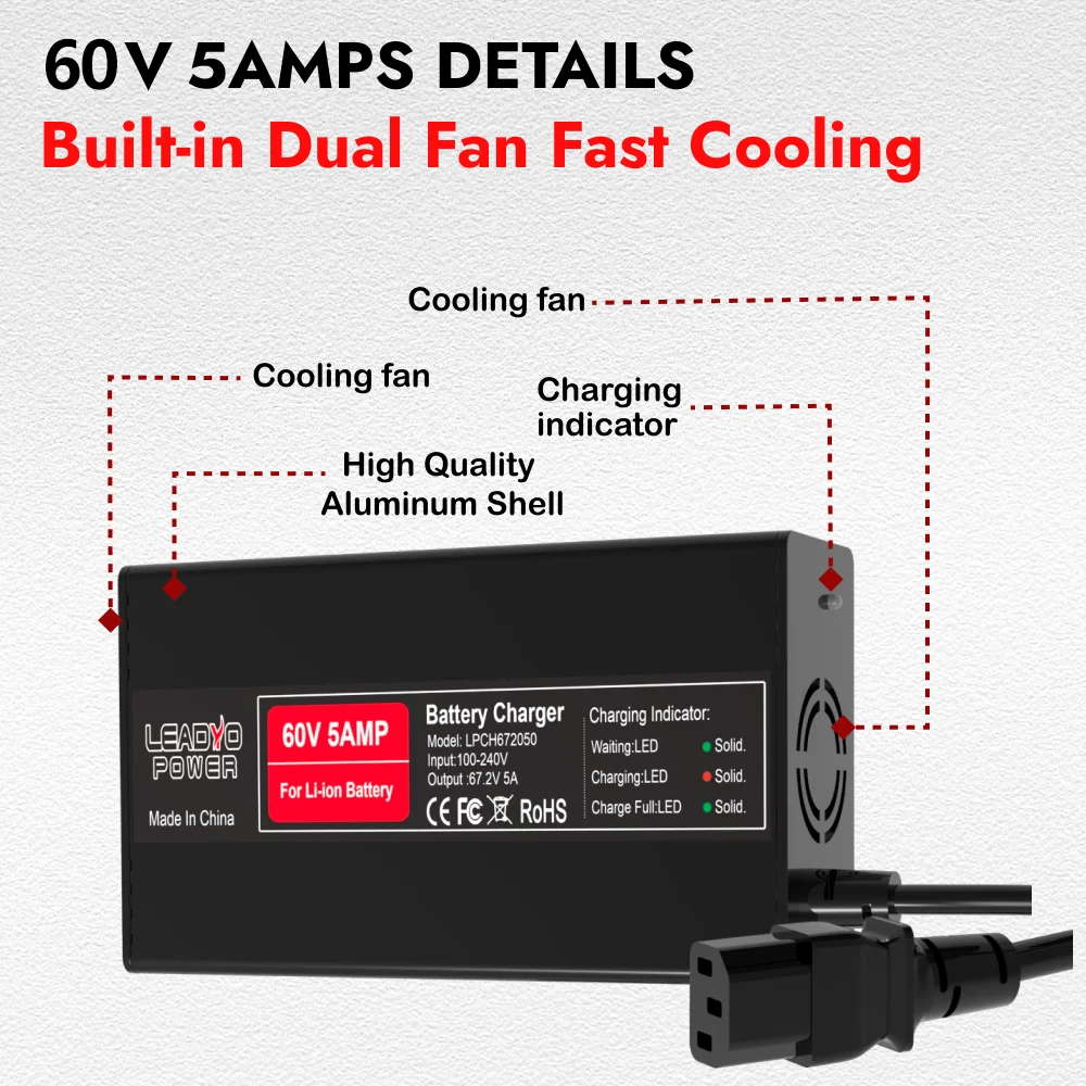 67.2V 5A Battery Charger Lithium for 60V Ebike Electric Motorcycle With IEC Plug Smart Fast charger 16s Aluminum Case