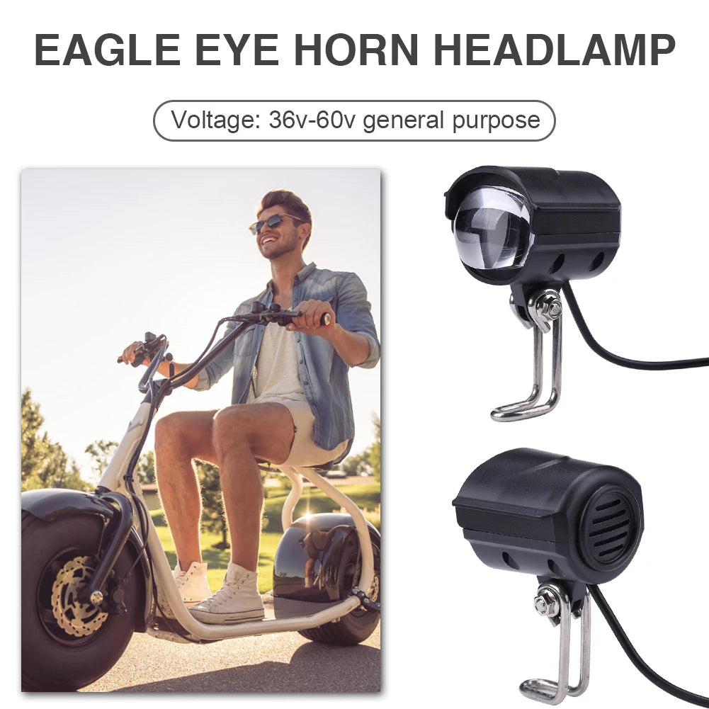 E-Bike Headlight Electric Bike LED Front Light E-Scooter Bicycle Motorcycle 2 in 1 Waterproof Horn Headlight 36V-60V