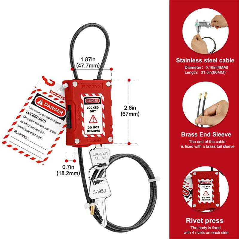 BOZZYS Industrial Adjustable Cable lockout Padlock Safety padlock with 4MM Diameter Cable