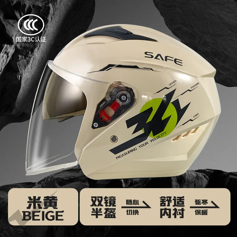helmet motorcycle winter warm women's winter men's double mirror four-season helmet L009 beige China