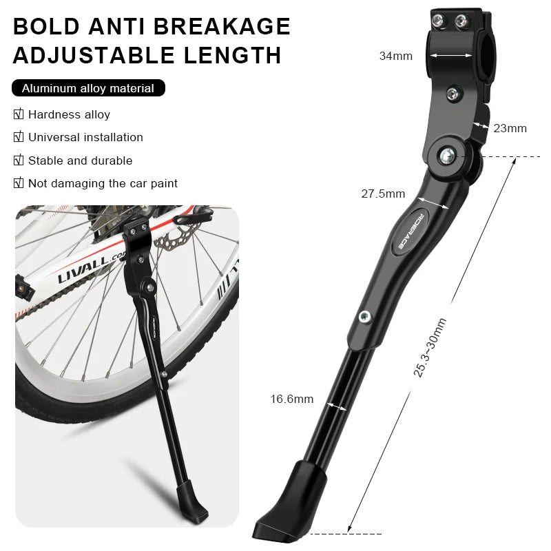 RIDERACE Bicycle Kickstand Adjustable Aluminum Alloy MTB Mountain Bike Stay Side Rear Parking Rack Road Cycling Kick Stand
