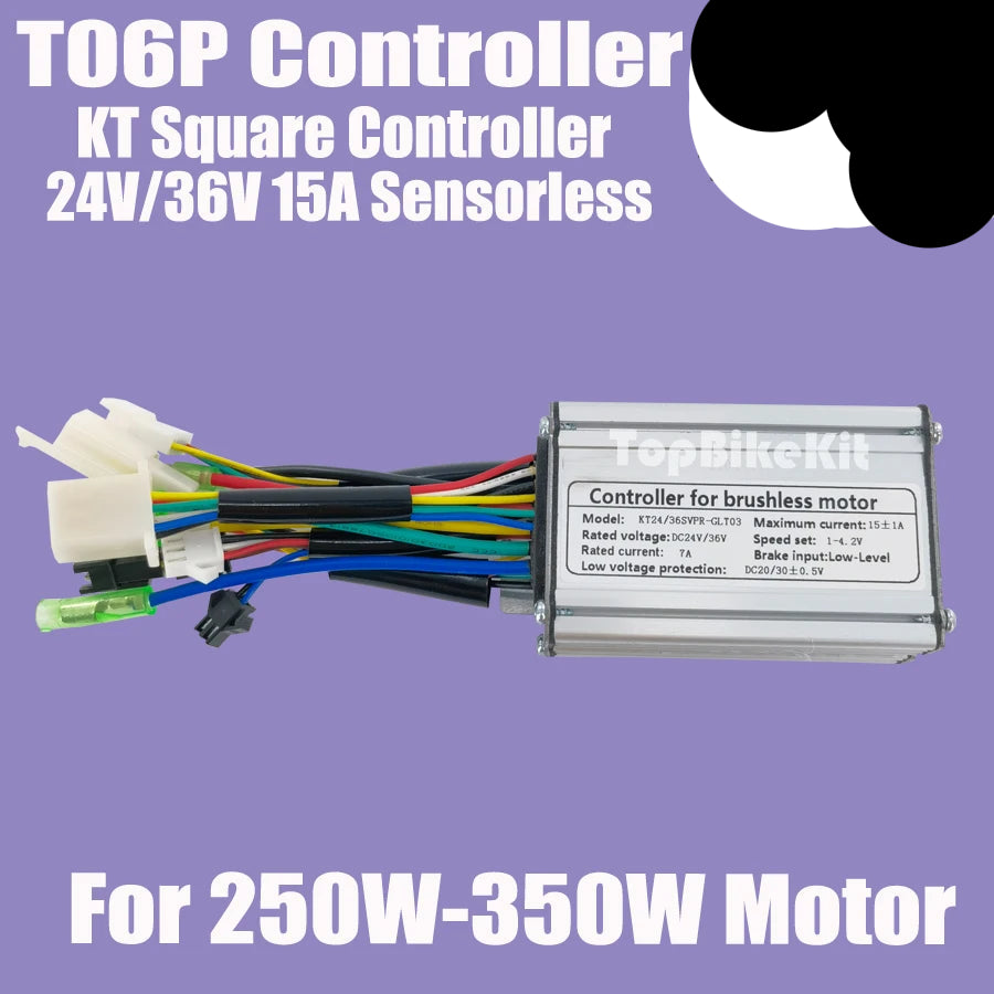Ebike 250W 15A Motor Controller Sensorless T06P KT 24V 36V 250W Controller For 250W Electric hub Motor