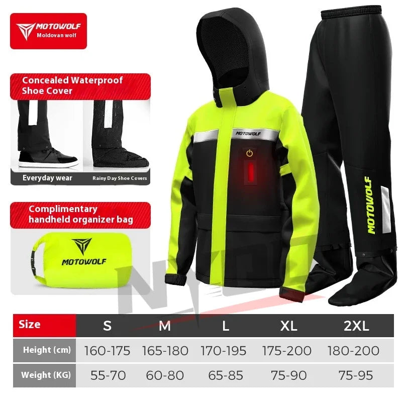 Motowolf Motorcycle Rain Coat Waterproof Motorcyclist Raincoat Men Women Outdoor Biker Rain Suits with LED Waring Light Yellow