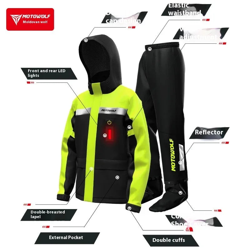 Motowolf Motorcycle Rain Coat Waterproof Motorcyclist Raincoat Men Women Outdoor Biker Rain Suits with LED Waring Light