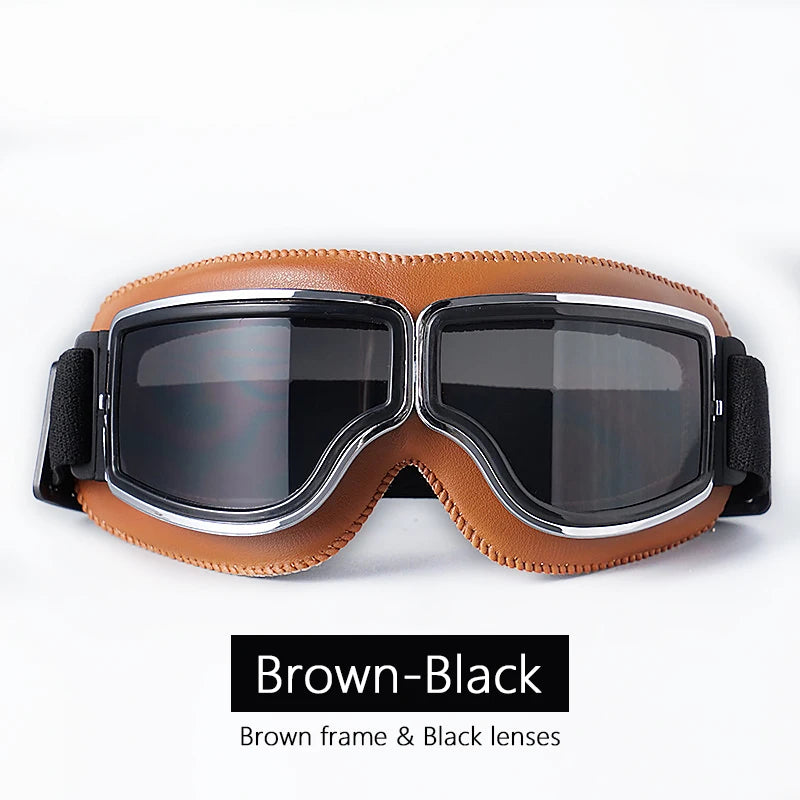 Universal Motorcycle Vintage Goggles Leather Motorbike Scooter Biker Moto Glasses Goggles for Steampunk Helmet Goggles Dustproof Brown-Black