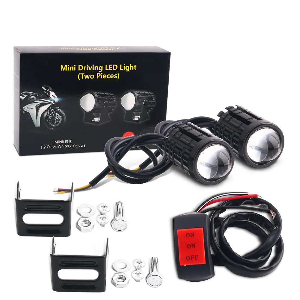 2pcs Motorcycle Headlights LED Lenses Auxiliary Front Lighting explorers Motorcycle Car Accessories Dual Color White Yellow 12V