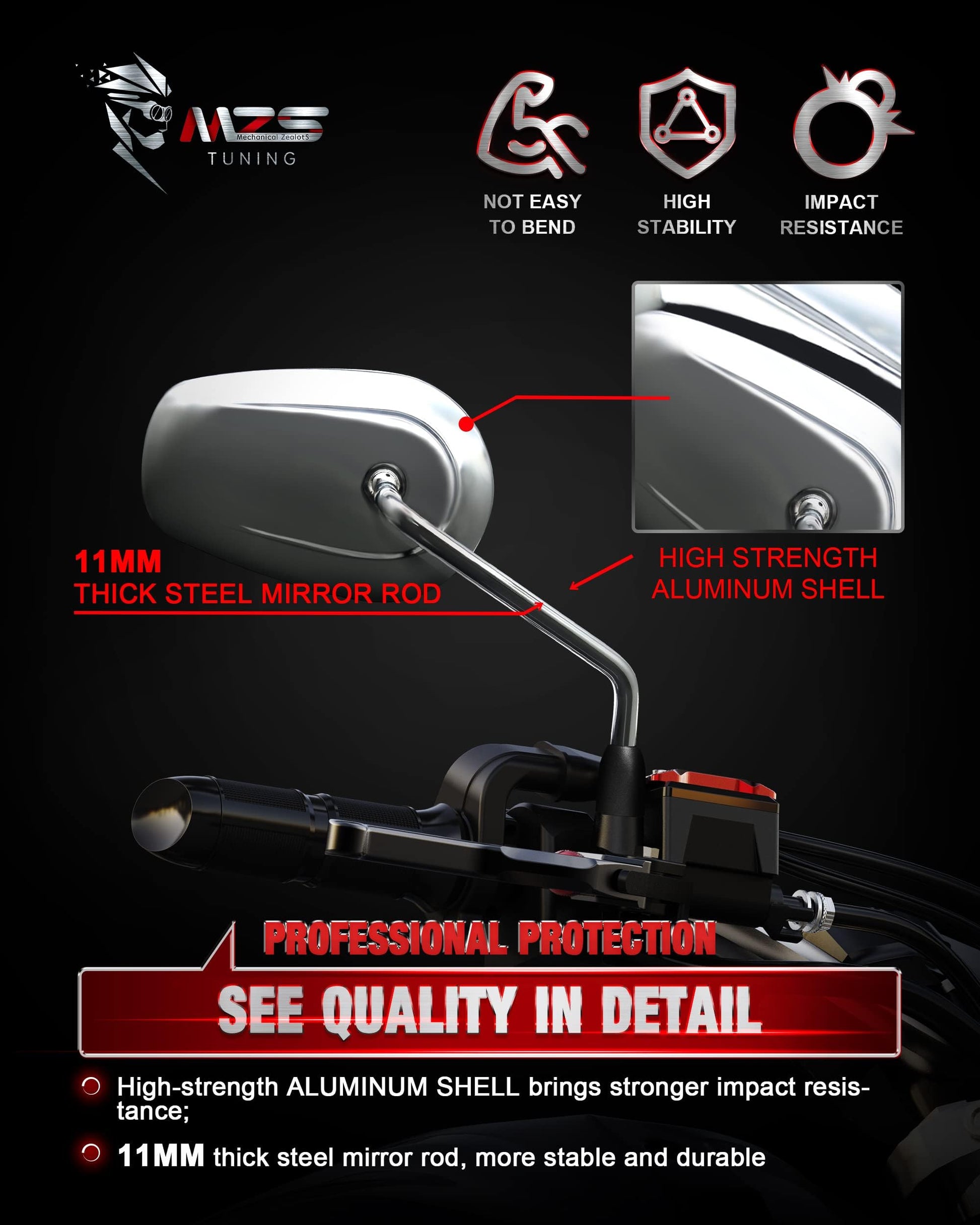 MZS Black Motorcycle Mirrors 10MM - Heavy Duty Aluminum Universal Rear View Side Mirror