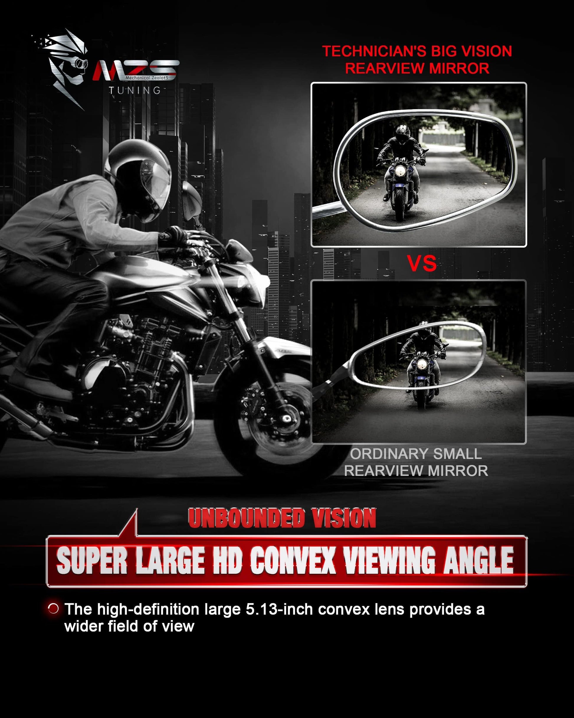 MZS Black Motorcycle Mirrors 10MM - Heavy Duty Aluminum Universal Rear View Side Mirror