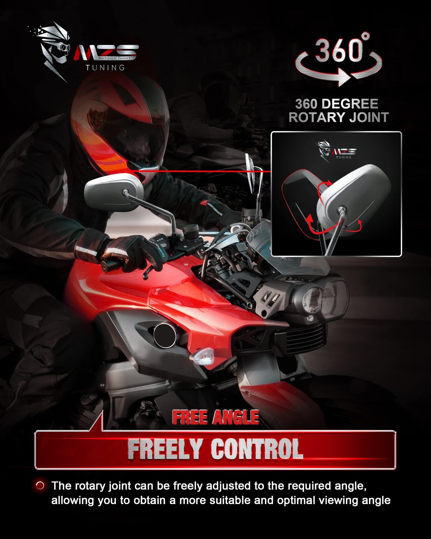 MZS Black Motorcycle Mirrors 10MM - Heavy Duty Aluminum Universal Rear View Side Mirror