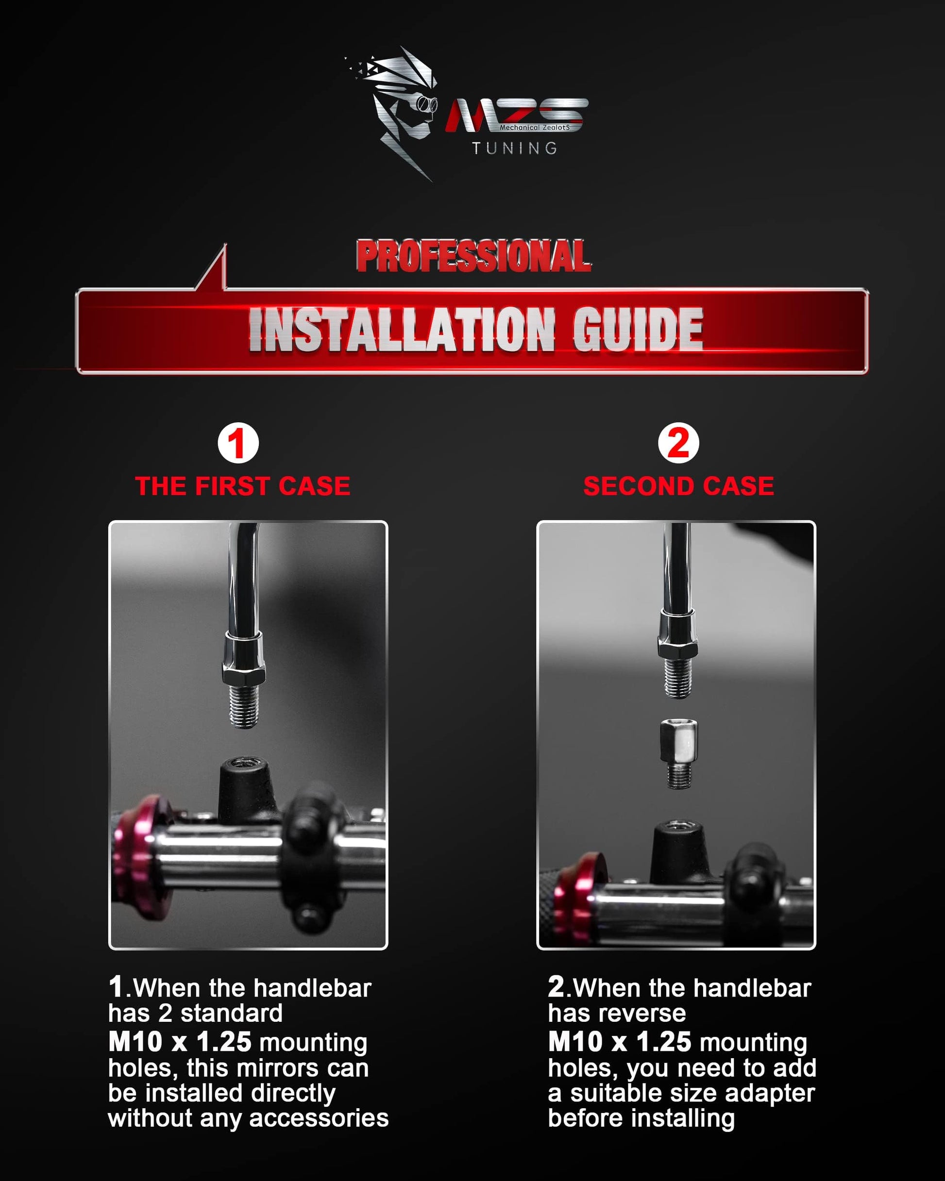 MZS Black Motorcycle Mirrors 10MM - Heavy Duty Aluminum Universal Rear View Side Mirror