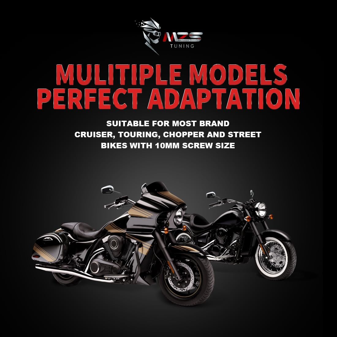 MZS Black Motorcycle Mirrors 10MM - Heavy Duty Aluminum Universal Rear View Side Mirror