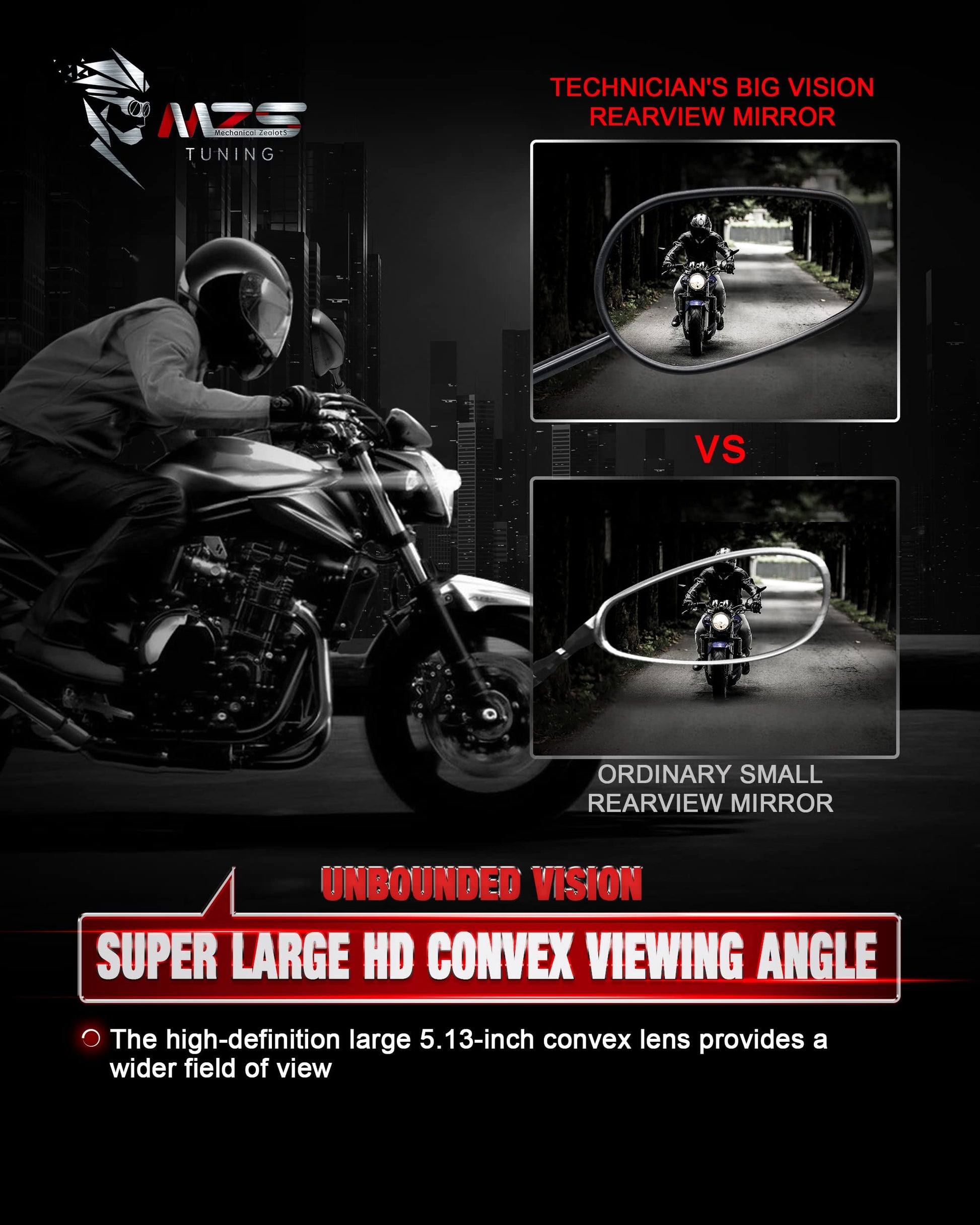 MZS Black Motorcycle Mirrors 10MM - Heavy Duty Aluminum Universal Rear View Side Mirror