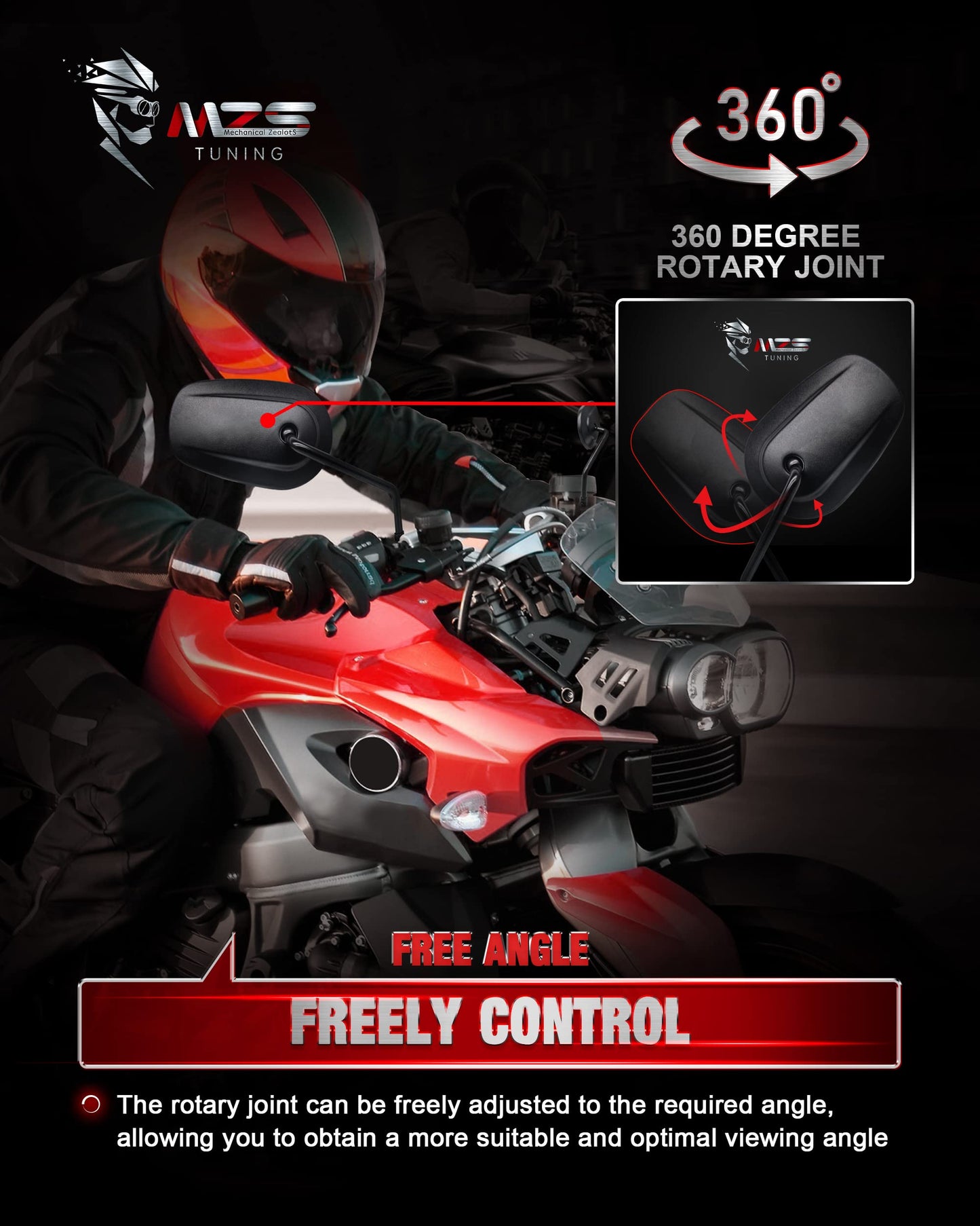 MZS Black Motorcycle Mirrors 10MM - Heavy Duty Aluminum Universal Rear View Side Mirror