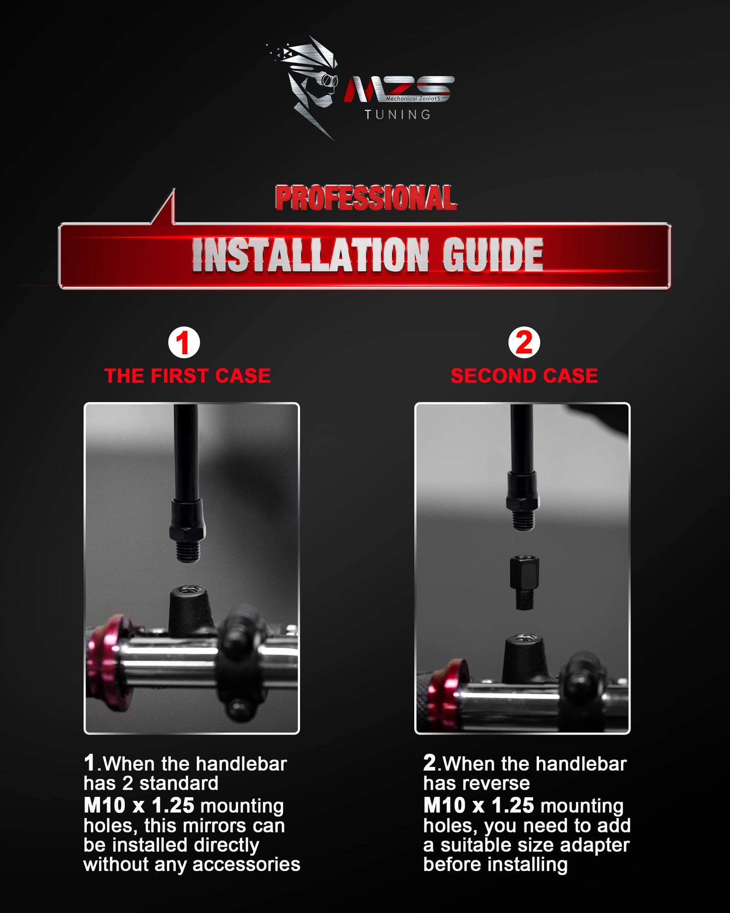 MZS Black Motorcycle Mirrors 10MM - Heavy Duty Aluminum Universal Rear View Side Mirror