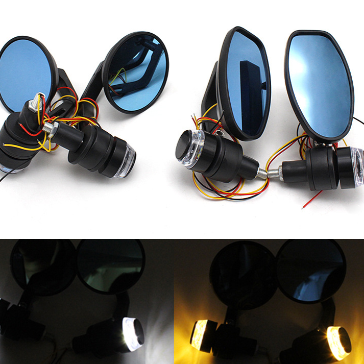 Vintage Modified LED Handlebar Mirror Round & Square Black Blue Anti-Glare