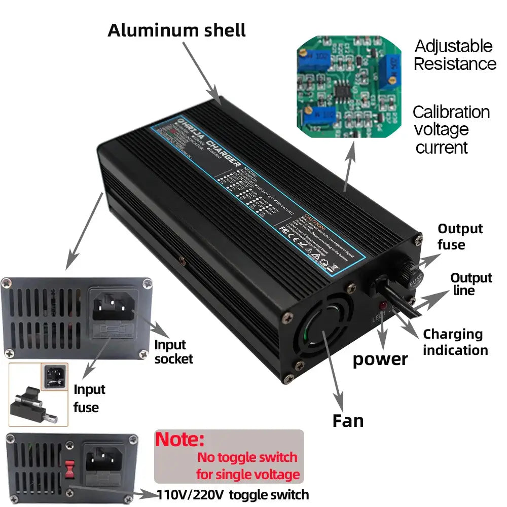 42V 10A Smart Lithium-Ion Battery Charger with Aluminum Case 37V 10S Battery for E-Bike & Balance Car features.