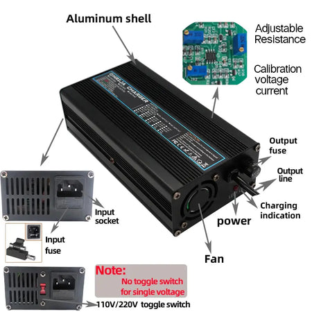 42V 10A Smart Lithium-Ion Battery Charger with Aluminum Case 37V 10S Battery for E-Bike & Balance Car features.