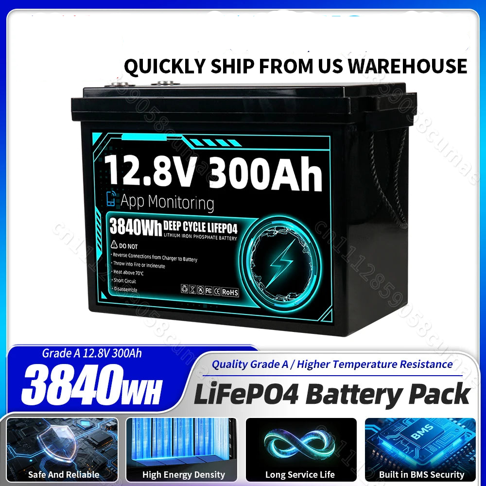 12.8V 300Ah LiFePO4 battery pack with carrying handles studio view