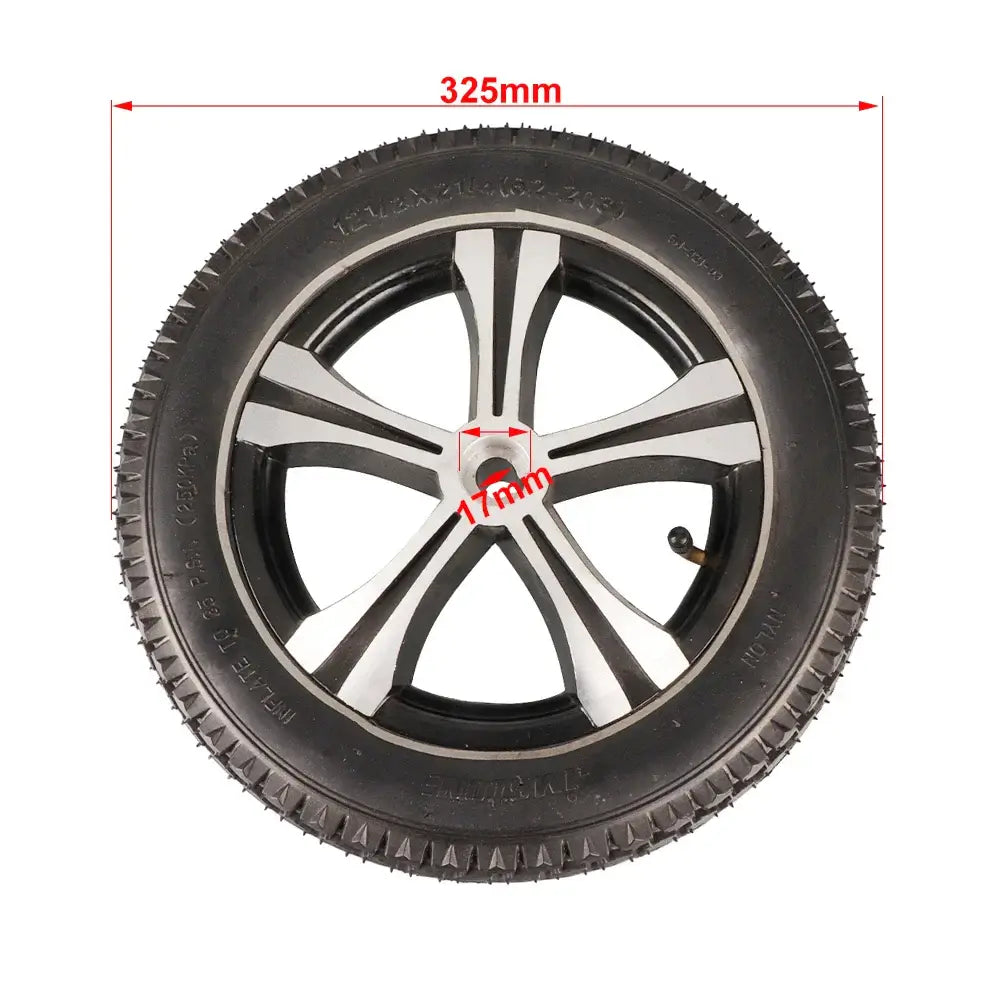 12 inch rear wheel with inner tube and hub close-up