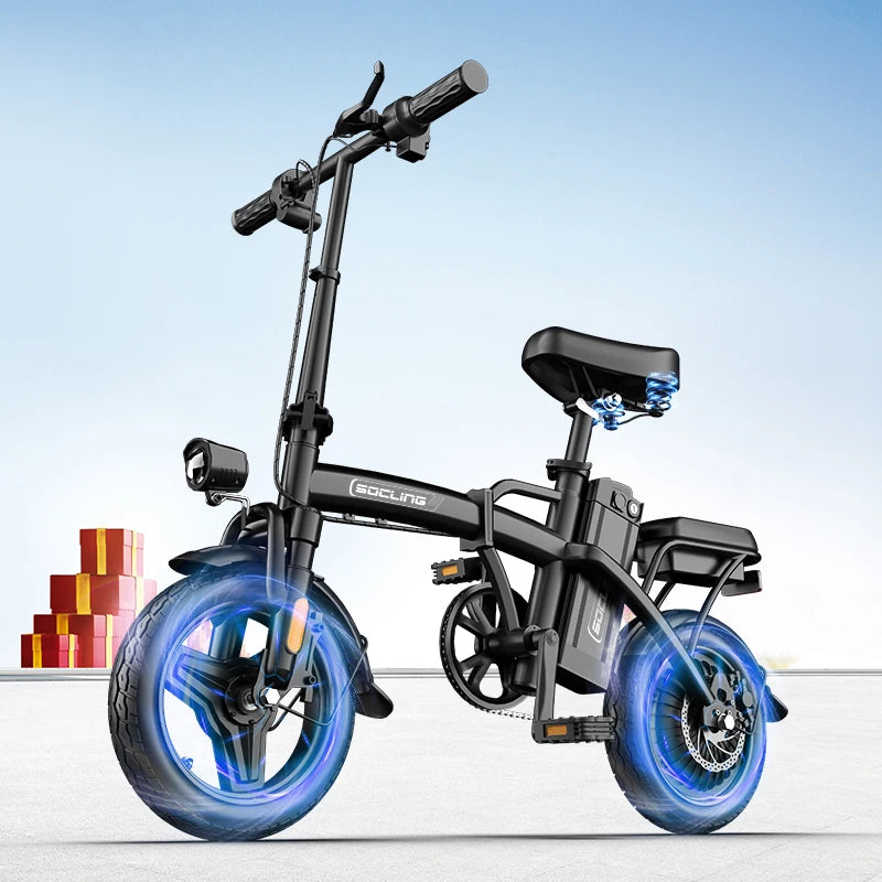 14-inch foldable electric bike with basket parked on pavement