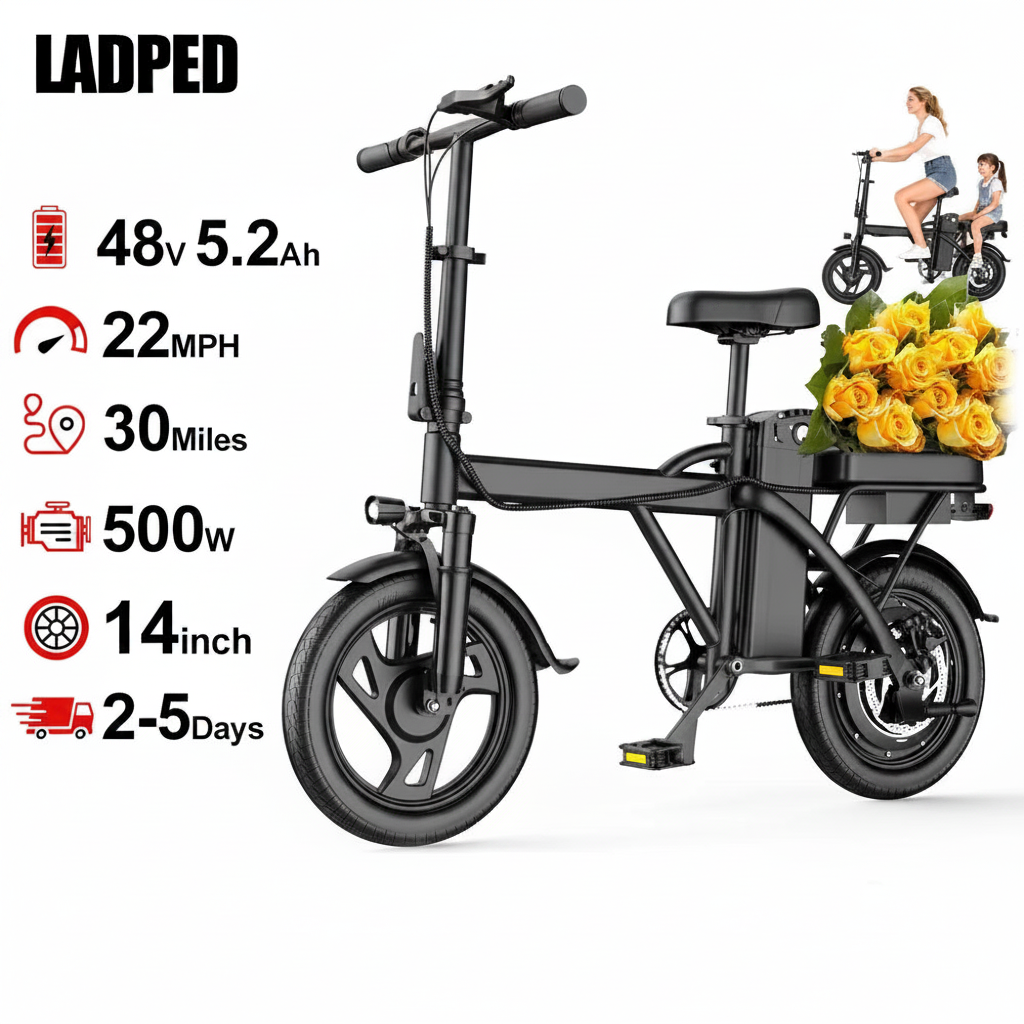 14-inch foldable electric bike with dual seats parked outdoors
